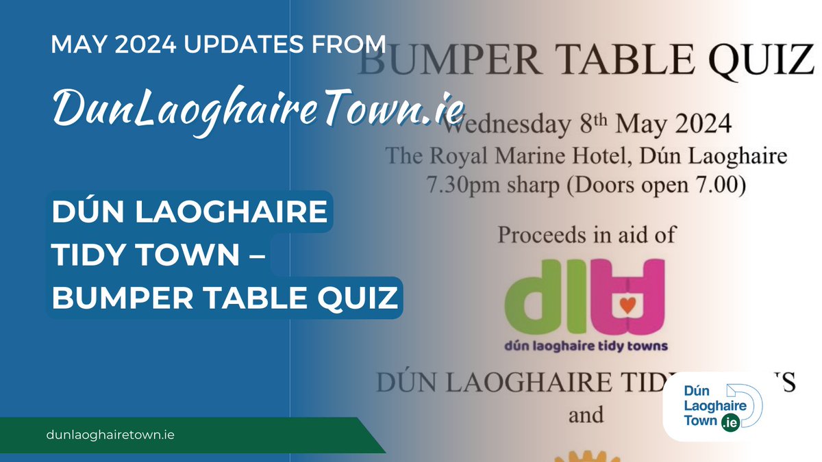 Join @DunLaoghaireTT at their Bumper Table Quiz on 8th May at The Royal Marine Hotel at 7.30 pm. More info: dunlaoghairetown.ie/mays-2024-news… Got #DunLaoghaireTown related news to share? Contact @eoinkcostello on X or eoin@digitalhq.ie DunLaoghaireTown.ie sup by @dlrcc & @BankofIreland