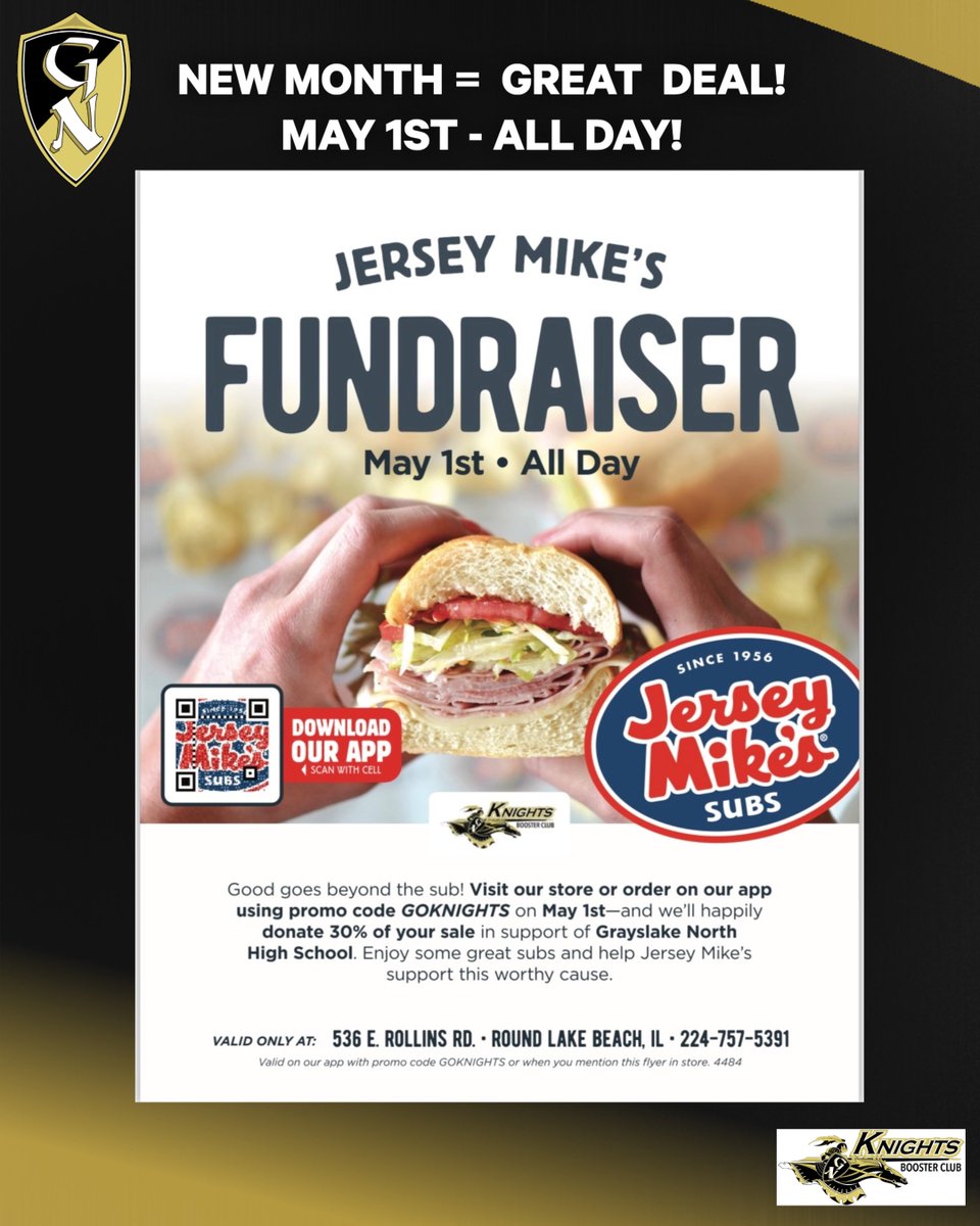 Today - 5/1!   ALL DAY! 🙂  
Jersey Mike's!  $ to support our GNHS Athletes! Thank you!
#GoKnights #KnightsNation #KnightsPride #JerseyMikes