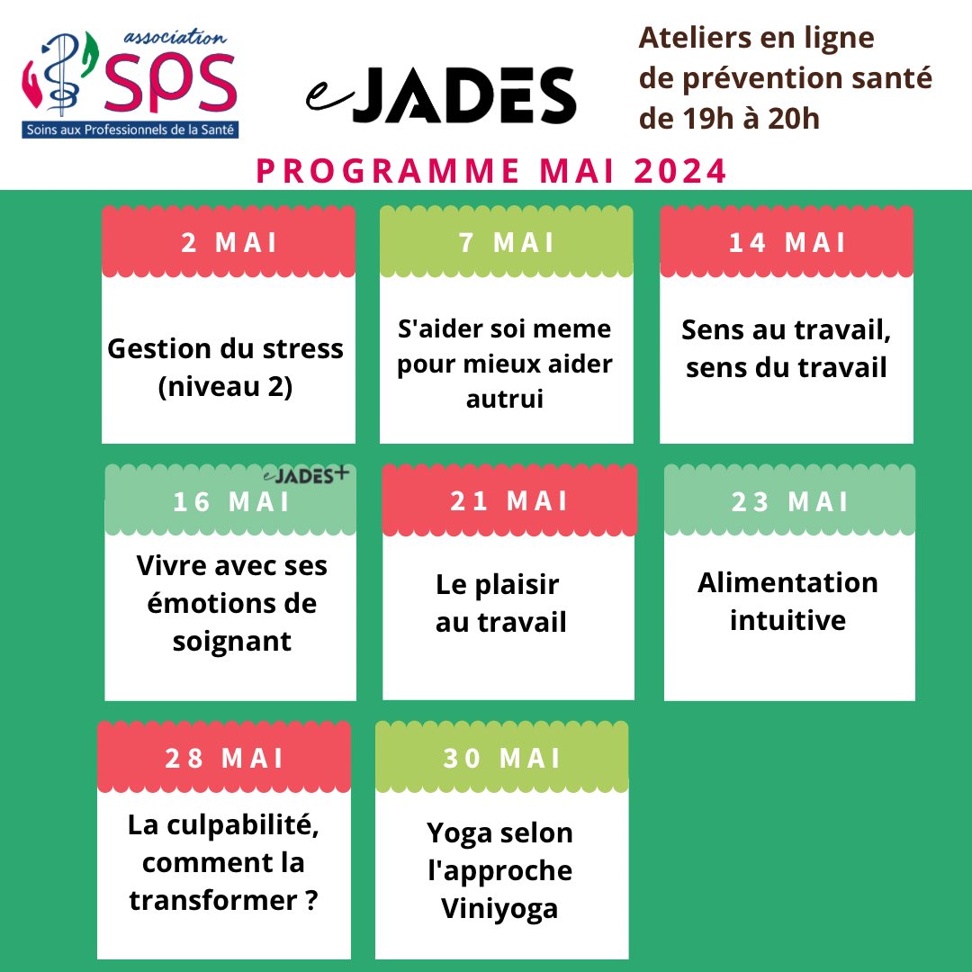 🌺 Ressourcez-vous et prenez soin de vous avec les ateliers en ligne de prévention santé, les #eJADES 
✅ Rendez-vous tous les mardis et jeudis de 19h à 20h 
👉  asso-sps.fr/prevention/ate…

#soignants #etudiants #preventionsante #hcsmeufr #stress #alimentation #aide #culpabilité