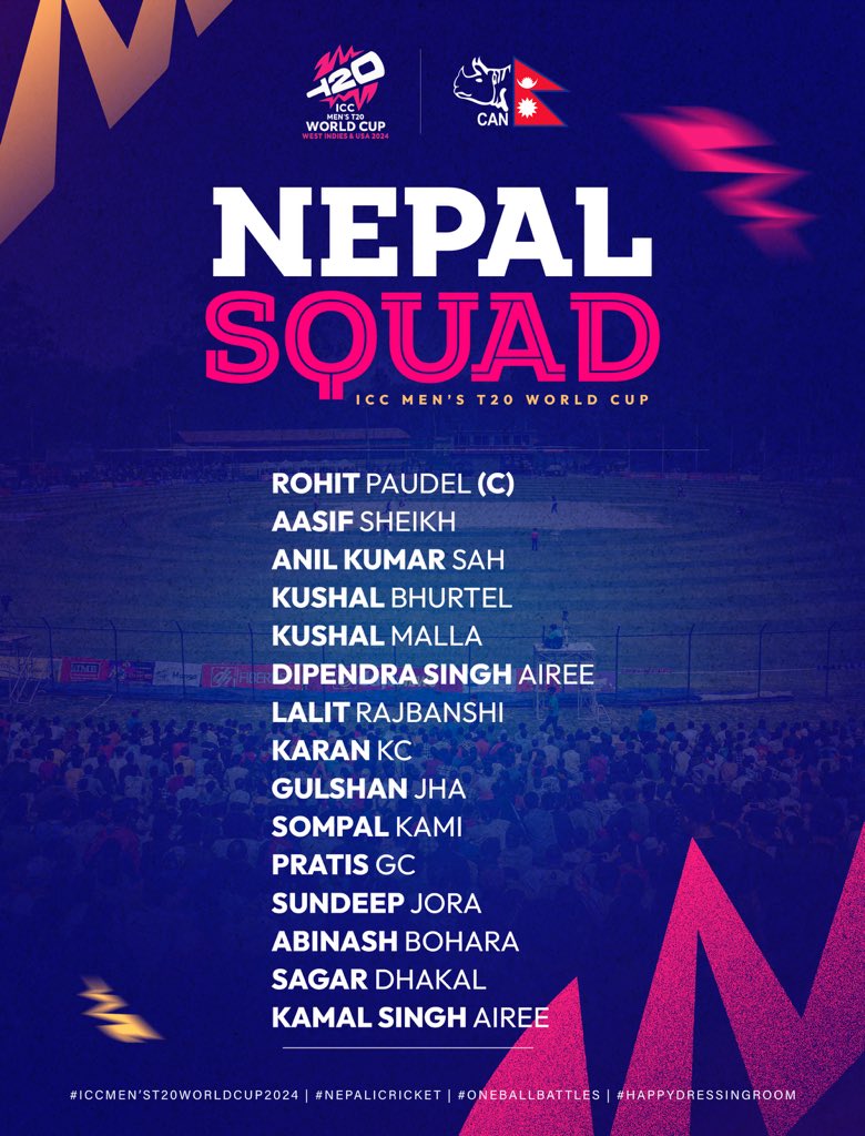 🇳🇵Announcement 🚨

🏏Presenting Nepal's dynamic 15-player #RhinoSquad for the ICC T20 World Cup 2024! 🦏 🏆

#WorldCupYear2024 | #NepaliCricket