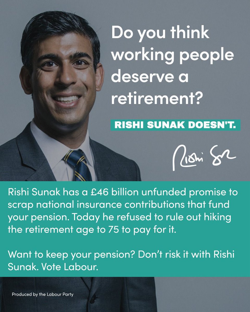 Rishi Sunak refused to rule out raising the pension age to 75 to pay for the £46 billion black hole in his plan to scrap National Insurance.

Don’t take a risk with your pension.

#PMQs