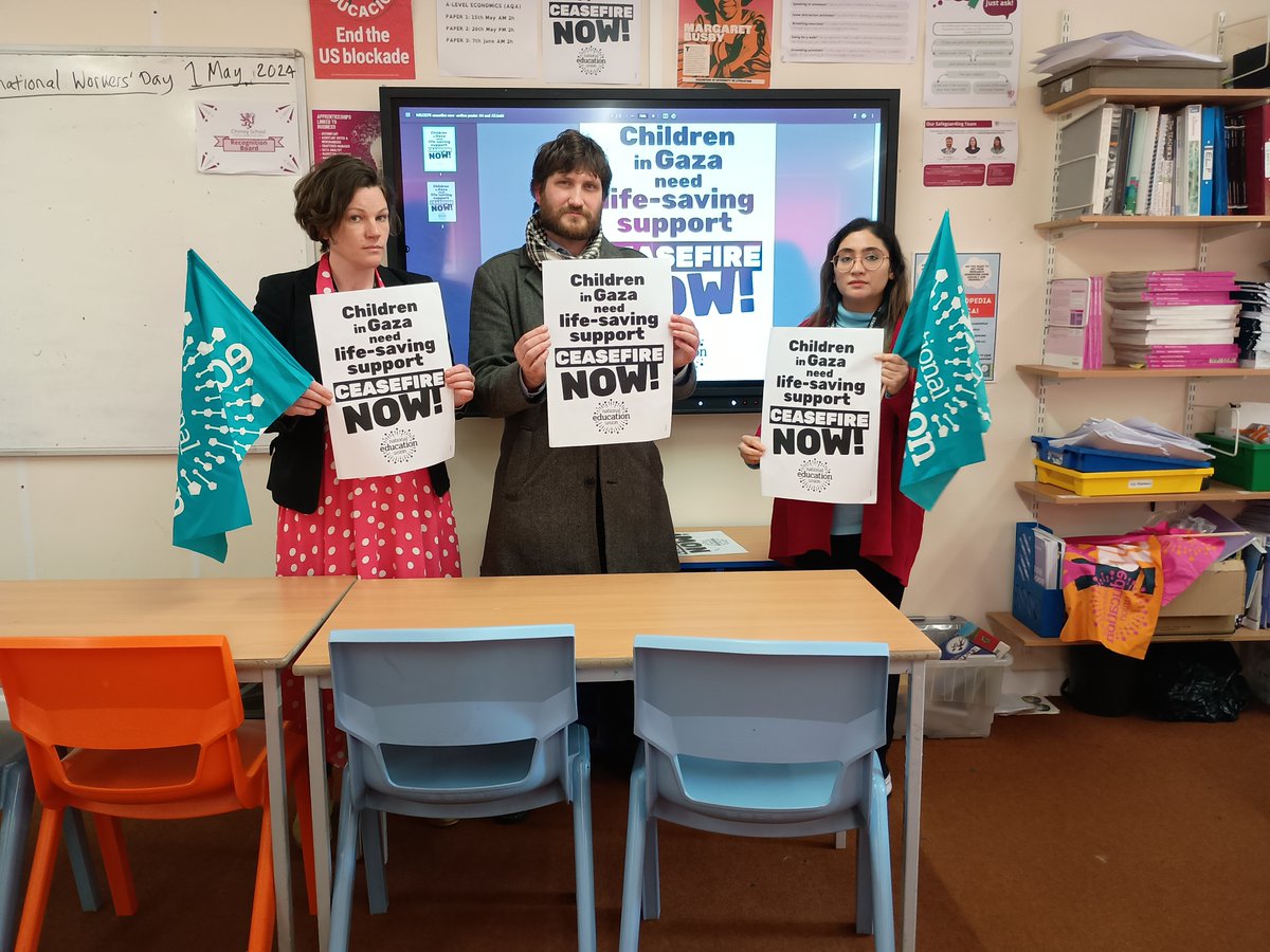 Educators at Cheney School call for a permanent ceasefire in Gaza on this International Workers' Day. Solidarity with the Palestinian General Federation of Trade Unions #InternationalWorkersDay2024  #StandWithGaza @NEUnion