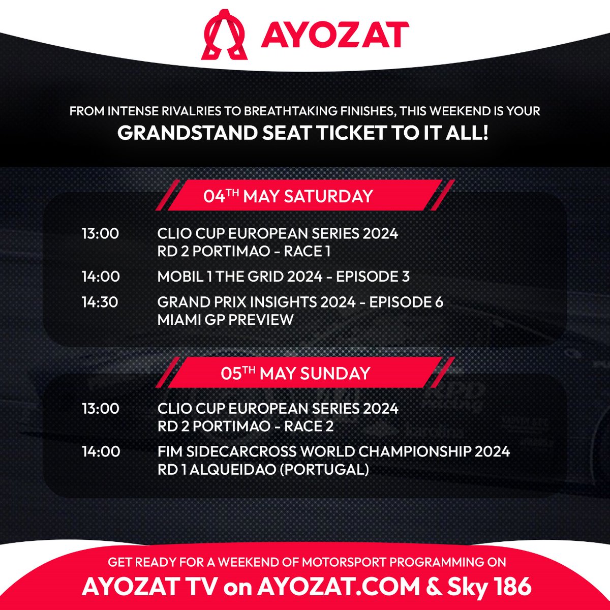 Buckle up for an action packed weekend! Don't miss the motorsport action starting from Saturday 1pm on AYOZAT TV on Sky 186 and ayozat.com. From high-speed races to thrilling showdowns, we've got your weekend covered! #motorsport #cars #racing #action #weekendracing