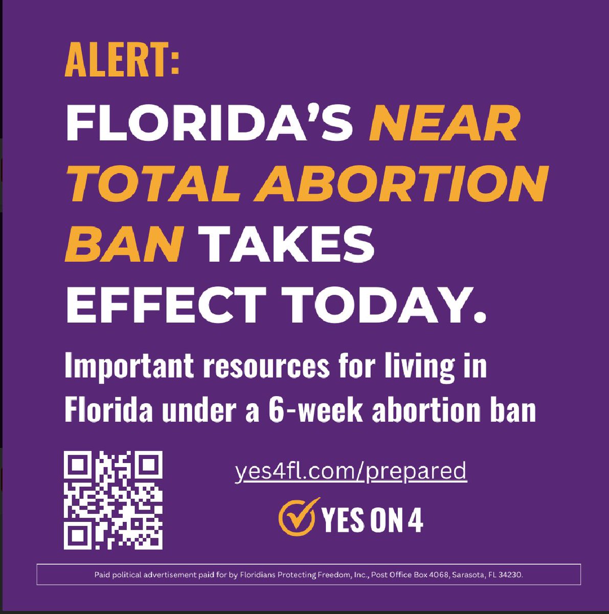 Florida is now under a near-total abortion ban•Abortion is now illegal in Florida at six weeks. The only way to end this near-total ban is to vote #YesOn4. Until then, here are resources for people seeking information about all their abortion options: yes4florida.com/resources