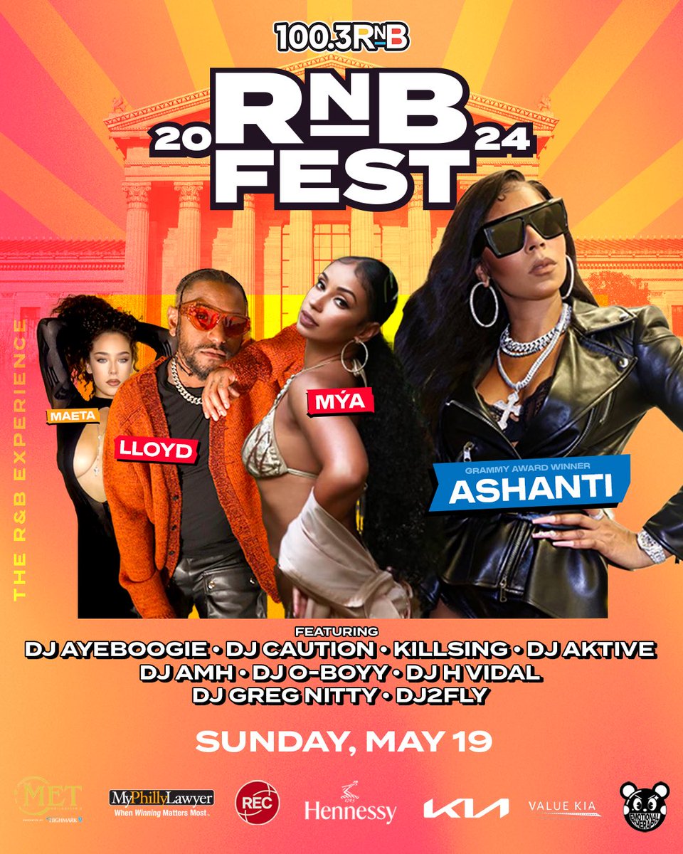 🎥🔥 #RNBFEST2024 is about to be crazy! Don’t miss @ashanti , @Lloyd_YG , @MYAPLANET9 , @Maetasworld and the best DJs in the city take over @themetphilly on May 19th! Get your tickets at rnbphilly.com