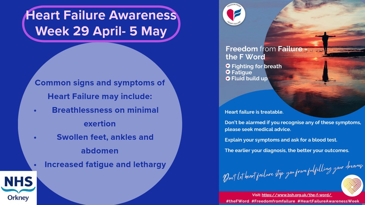 This week is Heart Failure Awareness Week 29 April - 5 May 2023. Common signs and symptoms of Heart Failure may include: • Breathlessness on minimal exertion • Swollen feet, ankles and abdomen • Increased fatigue and lethargy. Read more 👉facebook.com/nhsorkney/post…