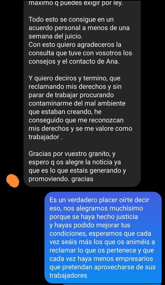 Que nos envíen este mensaje en el día de los Trabajadores no podría alegrarnos más.

Aprovechamos también para celebrar el aniversario de nuestra web, que estrenamos el año pasado el mismo 1 de Mayo. 

Si tenéis cualquier duda o problema en vuestro trabajo, aquí estamos 🧡