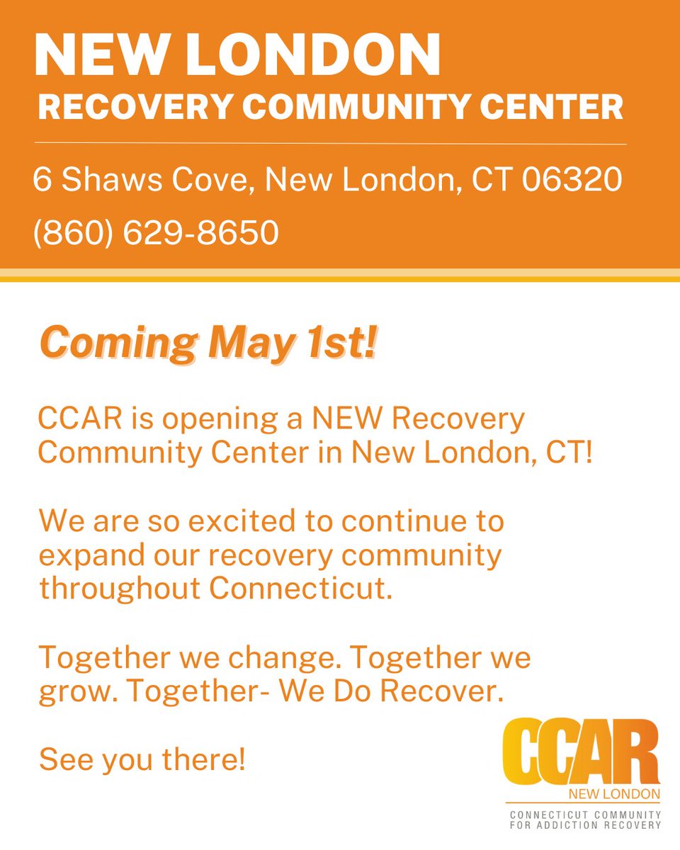 We are thrilled to announce the opening of our NEW Recovery Community Center in New London, CT! CCAR New London opens today, 5/1, at 6 Shaws Cove 👏 We hope to see you soon in #NewLondonCT 😊 #addictionrecovery #recoverycommunitycenter