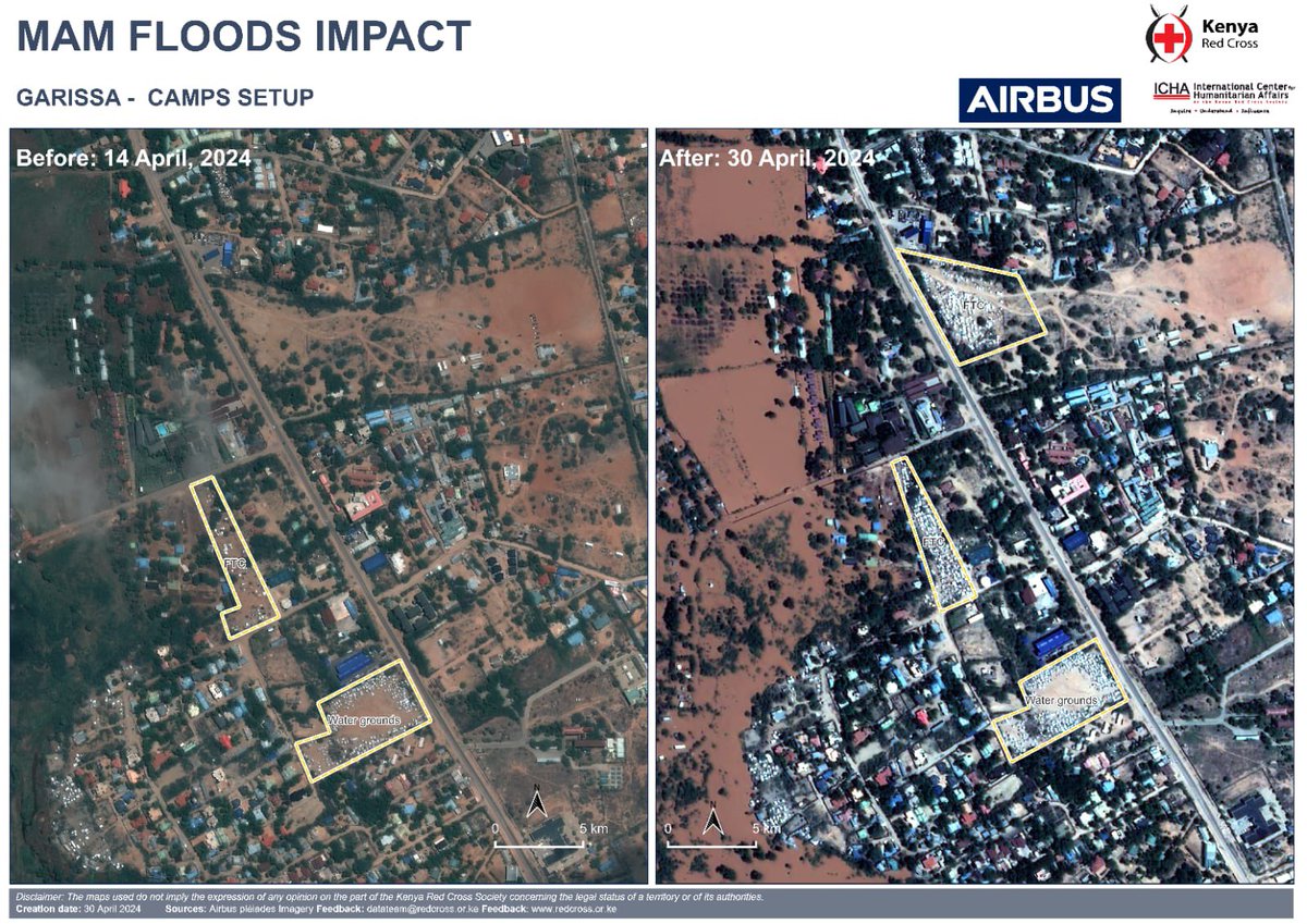 Frame 1 :The extent of flooding along Tana River Expansive Farmlands under water. Livelihoods lost. Recovery period will be longer than the rain season Frame 2: Families getting displaced. Size of IDP camps in Garissa growing by the day. Thanks @icha_krc for the maps