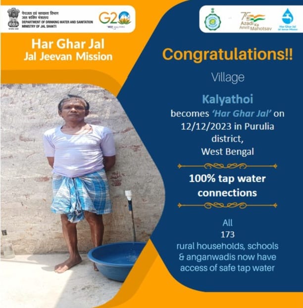 Congratulations to all people of Kalyathoi Village of Purulia District West Bengal State, for becoming #HarGharJal with safe tap water to all 173 rural households, schools & anganwadis under #JalJeevanMission as on 12.12.2023
@GowbPhe