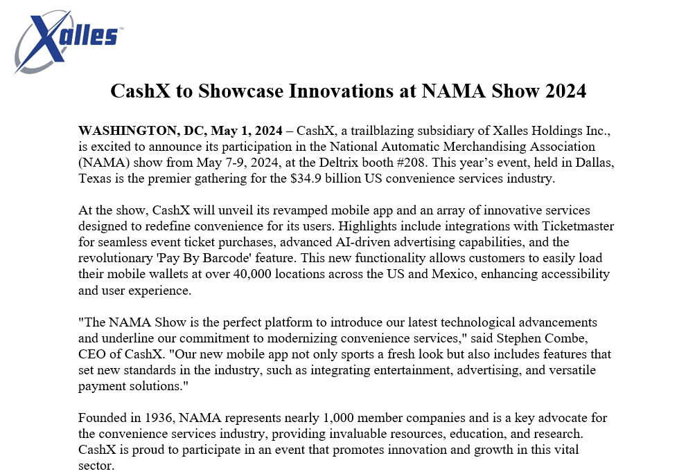 xalles1's tweet photo. CashX to Showcase Innovations at NAMA Show 2024
May 7-9, 2024, at the Deltrix booth #208 in Dallas, Texas
https://t.co/FEwmkHU9NG
$XALL #Fintech #CashX #Stocks #ArtificialInteligence #Payments https://t.co/Oc8gMJxw2s