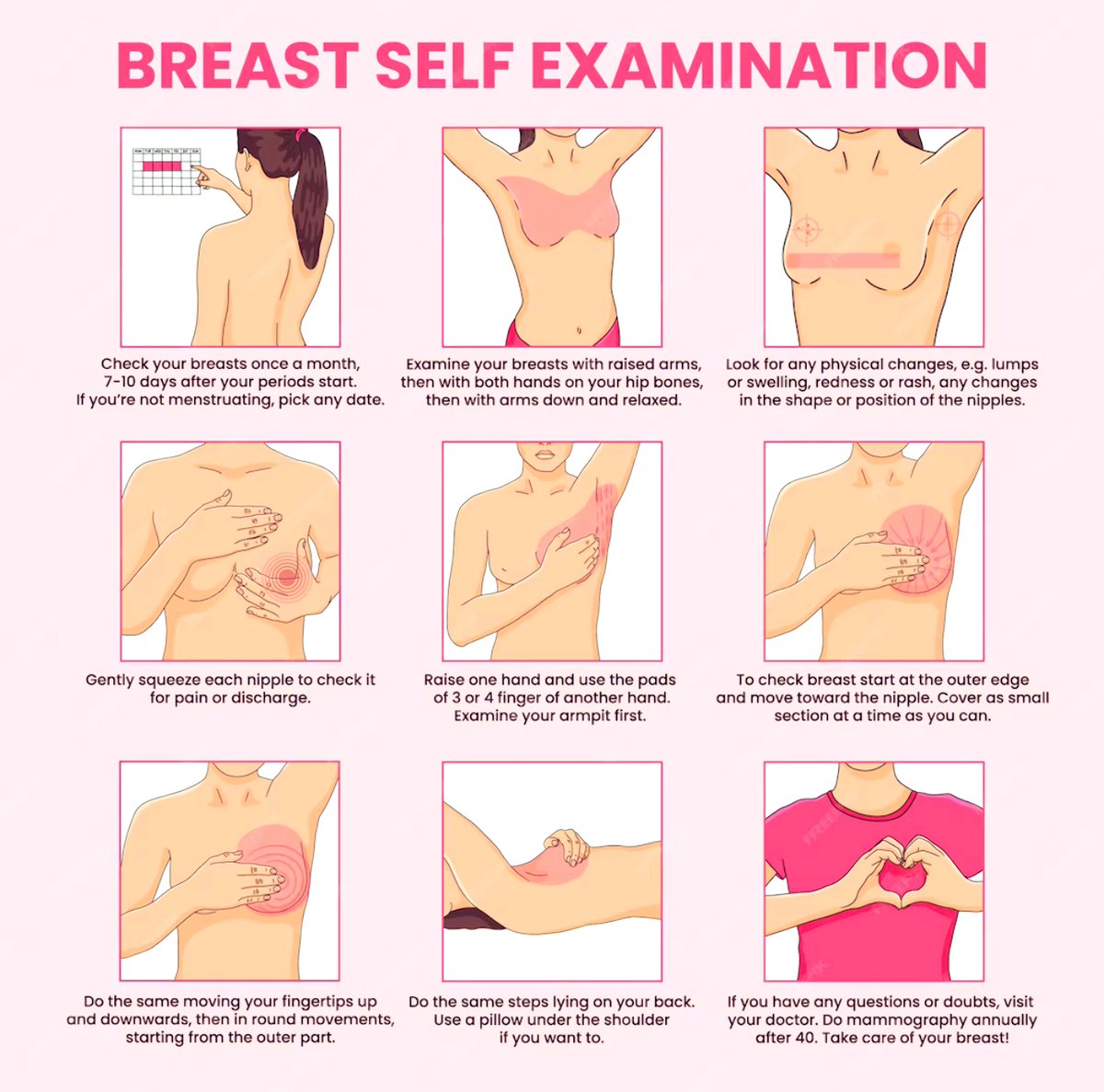 LADIES!!!
Breast self-exams can make all the difference. Knowing your body & catching changes early can lead to better outcomes. This step-by-step guide shows how to examine not just the breast, but also the armpit for lumps or irregularities. Make this a monthly habit🙏🏻