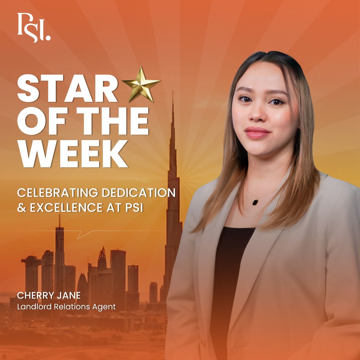 PSIEstate's tweet image. Shout out to Cherry, our Star of the Week! 🌟

Cherry&apos;s vibrant personality lights up our office, and her positive energy becomes a source of inspiration for us all. 

📩 Email us at elsy.b@psidubai.com to explore career opportunities with us. 

#psiestate #propertyshopinvestment