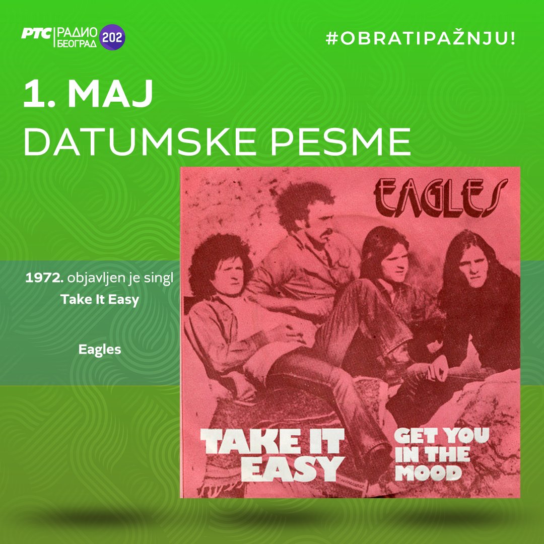 🗓️ #DatumskePesme - slušamo radnim danima od 14 sati

1972. ✴️ grupa EAGLES objavila singl #TakeItEasy 
1985. ✴️ SUZANNE VEGA objavila album #SuzanneVega 

#1maj #NaDanašnjiDan
#1May #OnThisDay

#releasedin1972 #releasedin1985