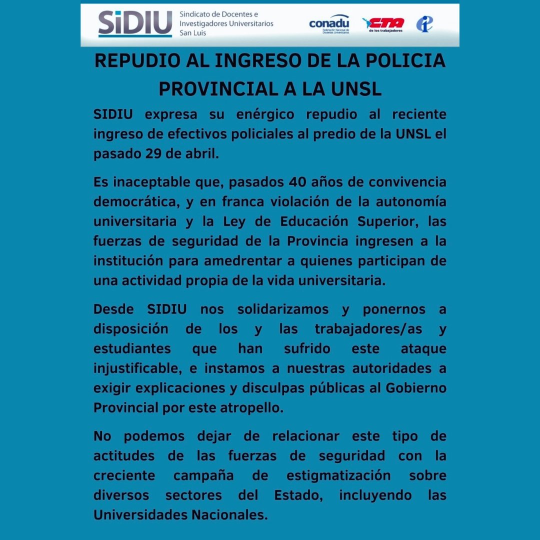 🔵 REPUDIO AL INGRESO DE LA POLICÍA PROVINCIAL A LA UNSL #SIDIU #CONADU #SomosLaUniversidadPública 🔗conadu.org.ar/repudio-al-ing…