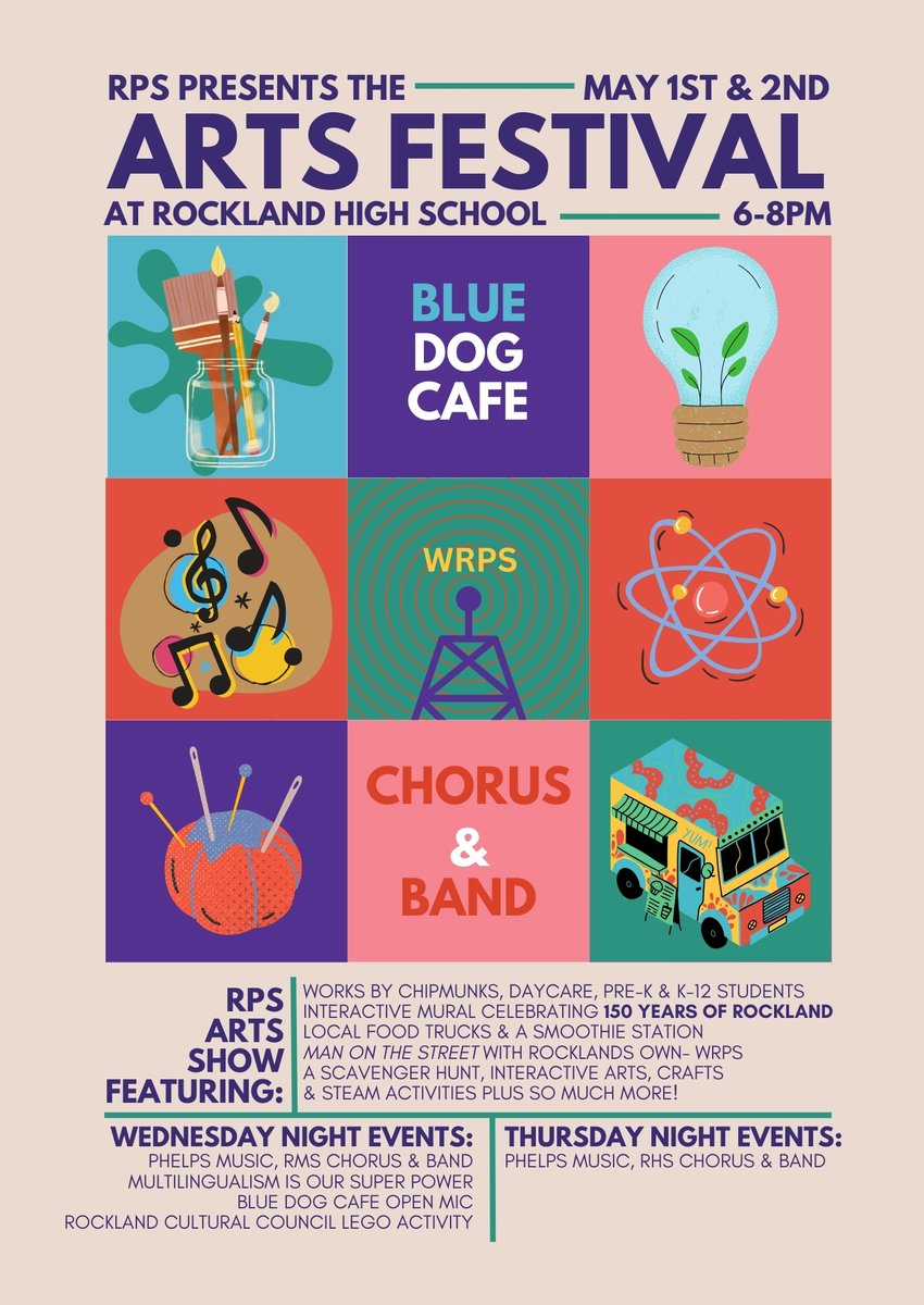 Arts Festival Night 1 special events:

Live music from Phelps & RMS Chorus & Band
The 'Multilingualism is Our Super Power' Event 
The Blue Dog Cafe's open mic night 
The Rockland Cultural Council's Lego Activity
WRPS's 'Radiant Rhythms' DJs Jack and Barack 

See you tonight!