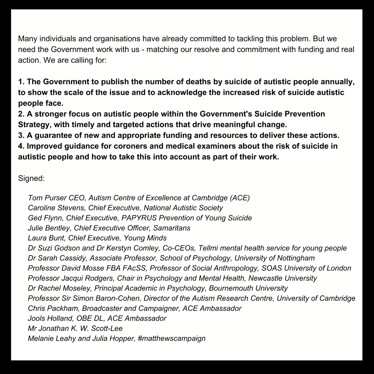 Today, following the inquest of Caitlyn Scott-Lee we joined @Autism @PAPYRUS_Charity @tellmi_helps @samaritans & @YoungMindsUK to write an open letter to @Gov to highlight the increased risk of suicide that autistic people face and call for urgent action: bit.ly/44pqy3J