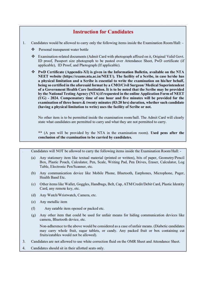 NEET (UG) - 2024: 05 May 2024 (Sunday) The National Testing Agency (NTA) is conducting the National Eligibility cum Entrance Test (NEET) (UG) - 2024 in Pen and Paper mode in Doha, Qatar as per details given below: (detailed guidelines at exams.nta.ac.in/NEET/) #NEET #NEETUG2024