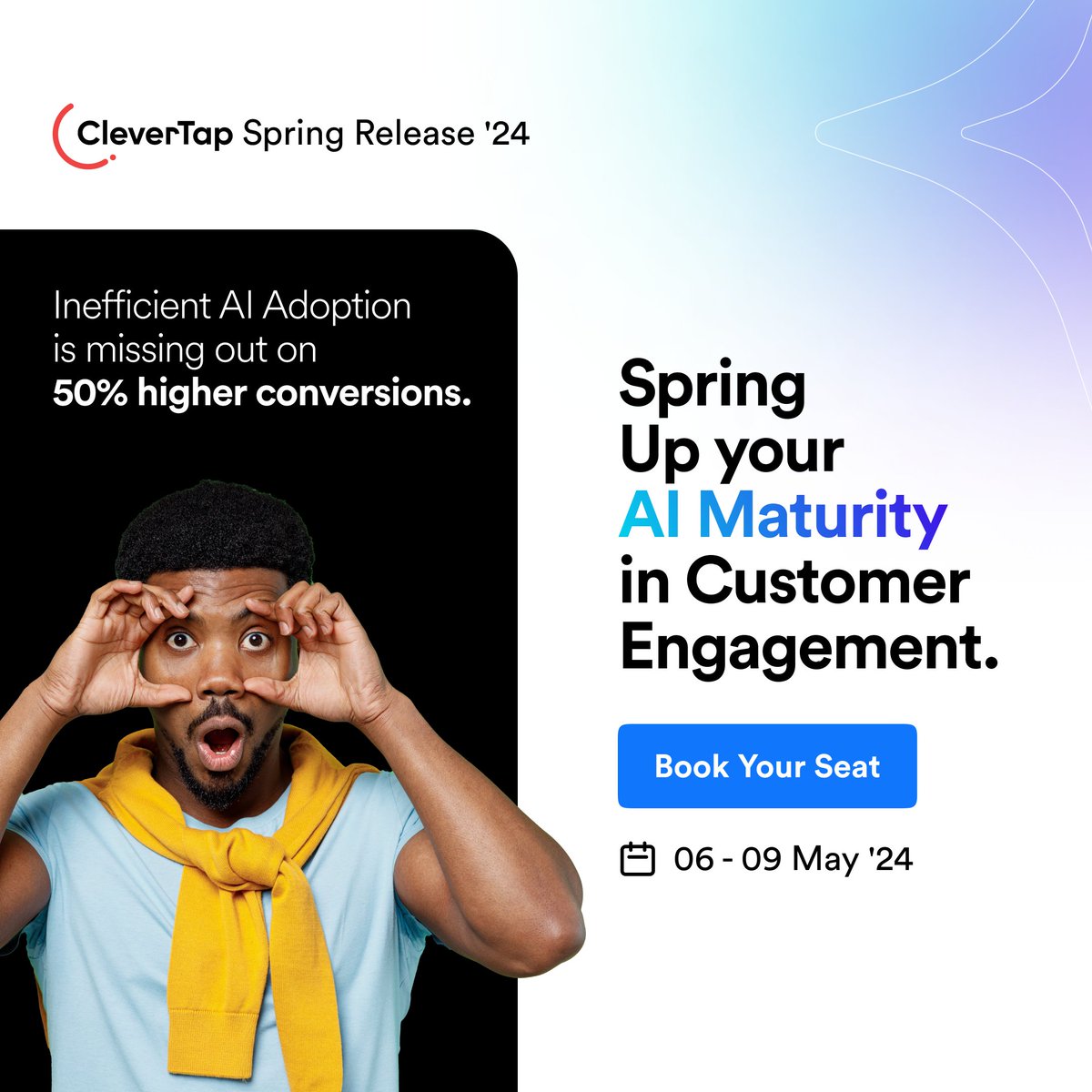 Over 60% of marketers miss out on 50% higher conversions. 🤯 To understand the details behind these stats & this remarkable growth with #AI, join us at the #CleverTap #SpringRelease24!📈 Harness the full potential of AI & be #CleverwithAI. 🚀 Register now: bit.ly/4cYGhuj