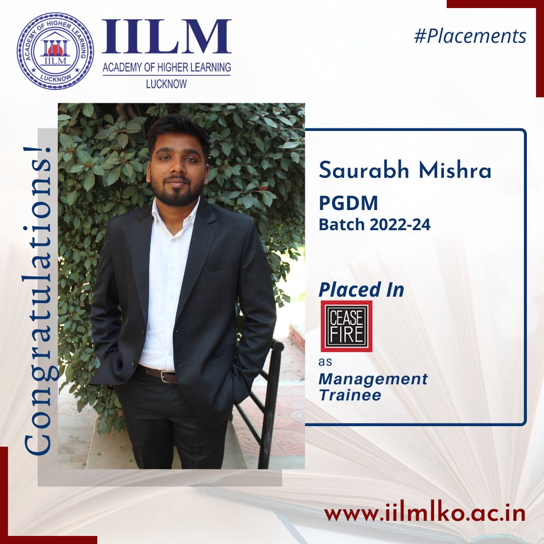 IILM Lucknow congratulates Saurabh Mishra of PGDM Batch 2022-24 for selection in Cease Fire as Management Trainee, through Campus Placement.
Our Best Wishes for a bright and successful career ahead.
#IILM #iilmlucknow #pgdm #pgdmfinance #bschool #highereducation #placements
