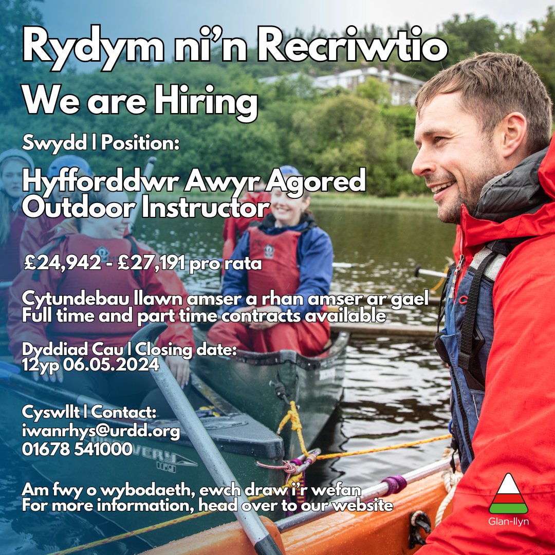 Mae'r Gwersyll yn chwilio am... Hyfforddwr Awyr Agored / Outdoor Instructor Dyma gyfle gwych i ymuno â'r tîm yng Ngwersyll Glan-llyn! Dyddiad cau: 12:00 06.05.2024 Am fwy o wybodaeth ac i wneud cais, ewch i'n gwefan urdd.cymru/cy/swyddi/gwer…