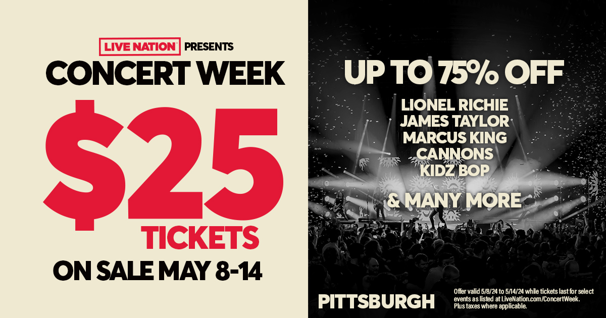 🌟🎟️ Get ready for @LiveNation Concert Week! Get $25 tickets from May 8-14 to over 50+ shows in the Pittsburgh area! Head to the link for more details: bit.ly/4aXHGjh