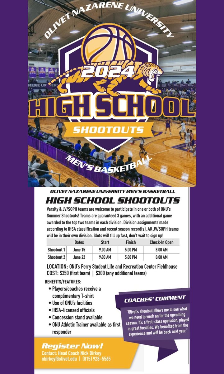 🚨2024 HS SHOOTOUTS🚨 ONLY A FEW SPOTS LEFT! Dates: June 15 & 22; guaranteed 3 games/possible 4th; Check out our flyer ⬇️⬇️. Contact coach Birkey to sign-up/questions! #TiGERTOUGH @ONUAthletics @olivetnazarene @IHSA_IL