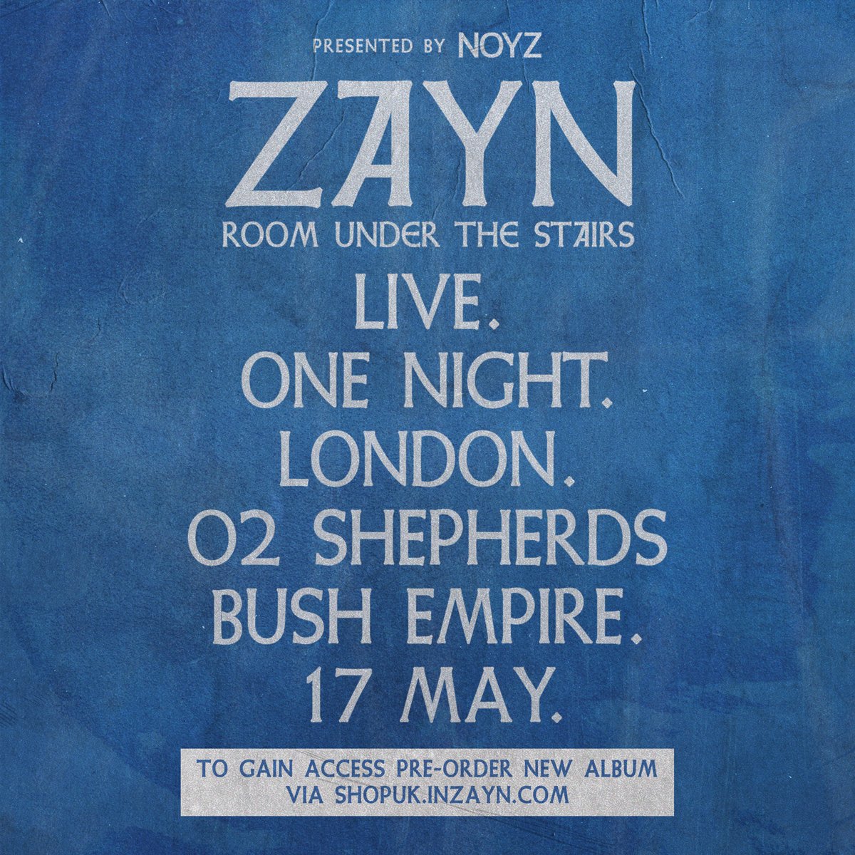 Join @zaynmalik for his FIRST EVER solo live show at London @O2SBE on Fri 17th May - presented by NOYZ 🎉 The debut 6 song performance will follow the world premiere of the 'Road Back to the Mic Documentary' To gain access, pre-order the new album via shopuk.inzayn.com