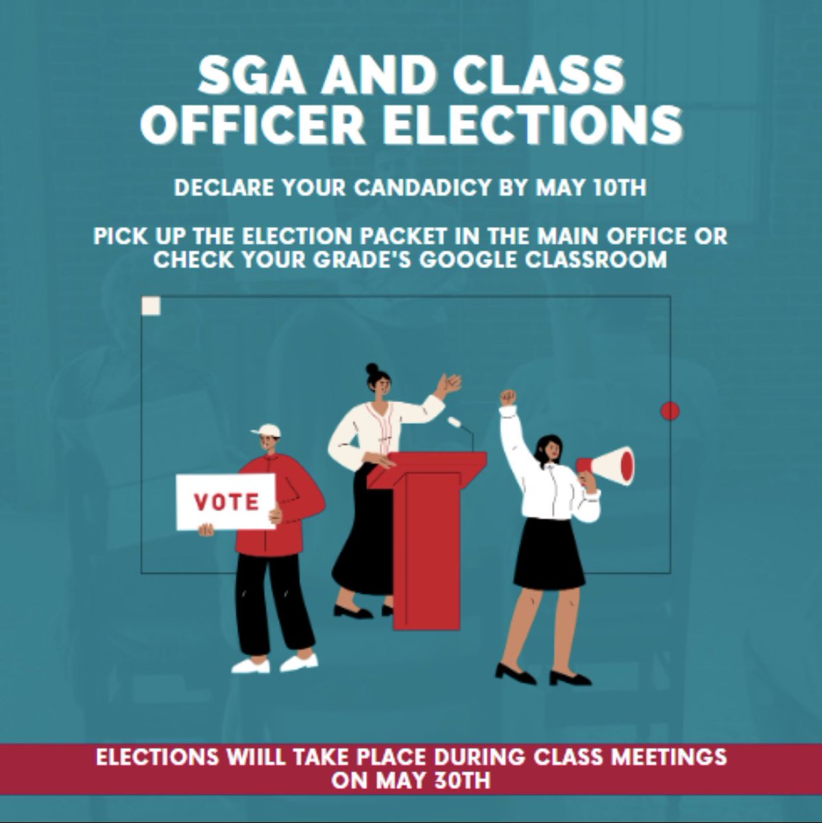 Are you interested in running for a class officer or SGA officer position for next school year? Election packets are now available in the main office. You must declare your candidacy by May 10. Elections will take place on May 30th. @rfh_ad @RFH_Regional