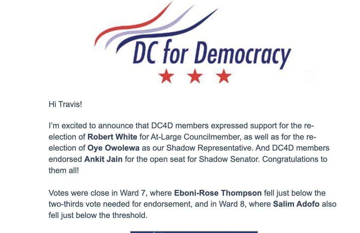 While I would have loved an endorsement, I am THRILLED that @Eboni_RoseT was by far the TOP VOTE GETTER in the @dc4d endorsement process, garnering over 60% of the vote. I am knocking doors this Sunday for Eboni-Rose, who wants to join me? #DCision24 #ERT4Ward7