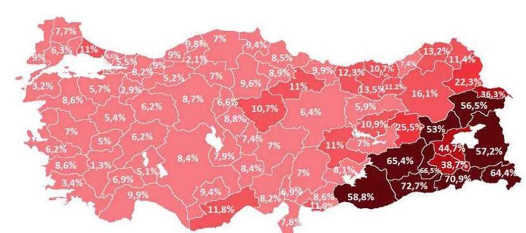 Türkiye Cumhuriyeti İllere Göre Kaçak Elektrik Kullanım Haritası (Yüzde olarak) 2020