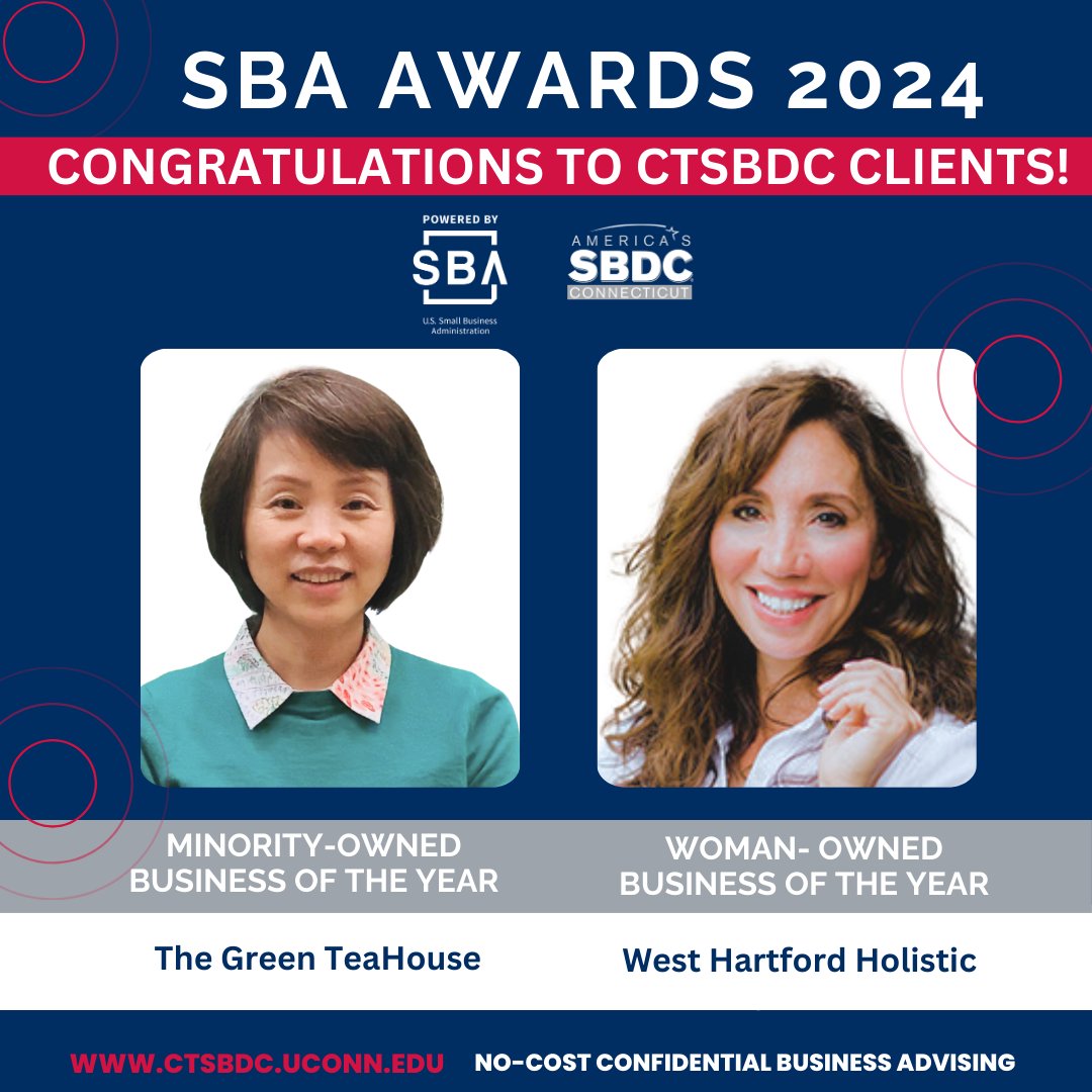Congrats to our clients on their #SBAAward2024

Woman-Owned Business : West Hartford Holistic
Minority-Owned Business: @GreenTeahouseUS

Join us on May 2nd for the awards ceremony.

 Registration:  cbia.com/events/sba-2024

@ctsbdc @SBA_Connecticut #SBAawards