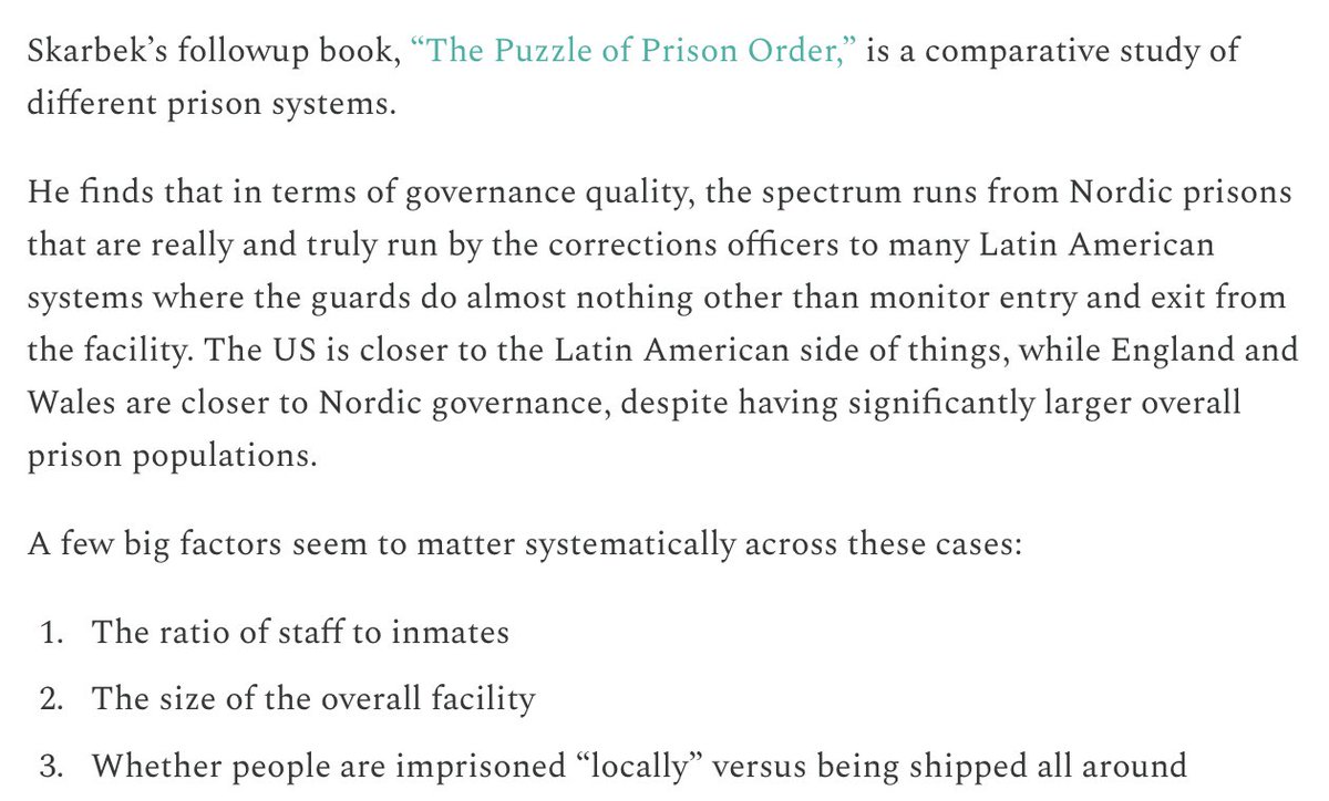 Smaller, better-staffed prisons create situations where corrections officers + informal norms run the prison. Large, under-staffed prisons are run by gangs that extend their reach onto the streets. slowboring.com/p/america-shou…