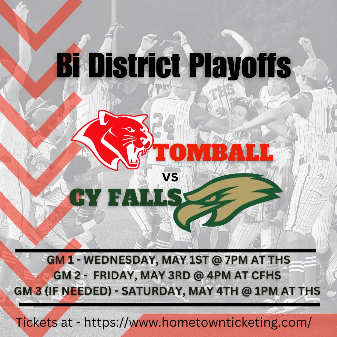 Best of luck to @tomball_bsball TONIGHT as it begins its postseason journey with Game 1 of the Bi-District playoffs vs. Cy Falls. #DestinationExcellence Get your tickets at: events.ticketspicket.com/agency/136e181…