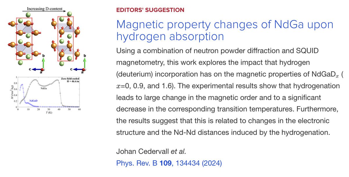 PRB Editors' Suggestion: #Magnetic property changes of #NdGa upon #hydrogen absorption

J. Cedervall, V. Shtender, P. Manuel, V. Pomjakushin, R. Mathieu et al.,
Phys. Rev. B 109, 134434

➡️ go.aps.org/3xWPOSy
#OpenAccess #EdSugg #physics #condmat @APSPhysics