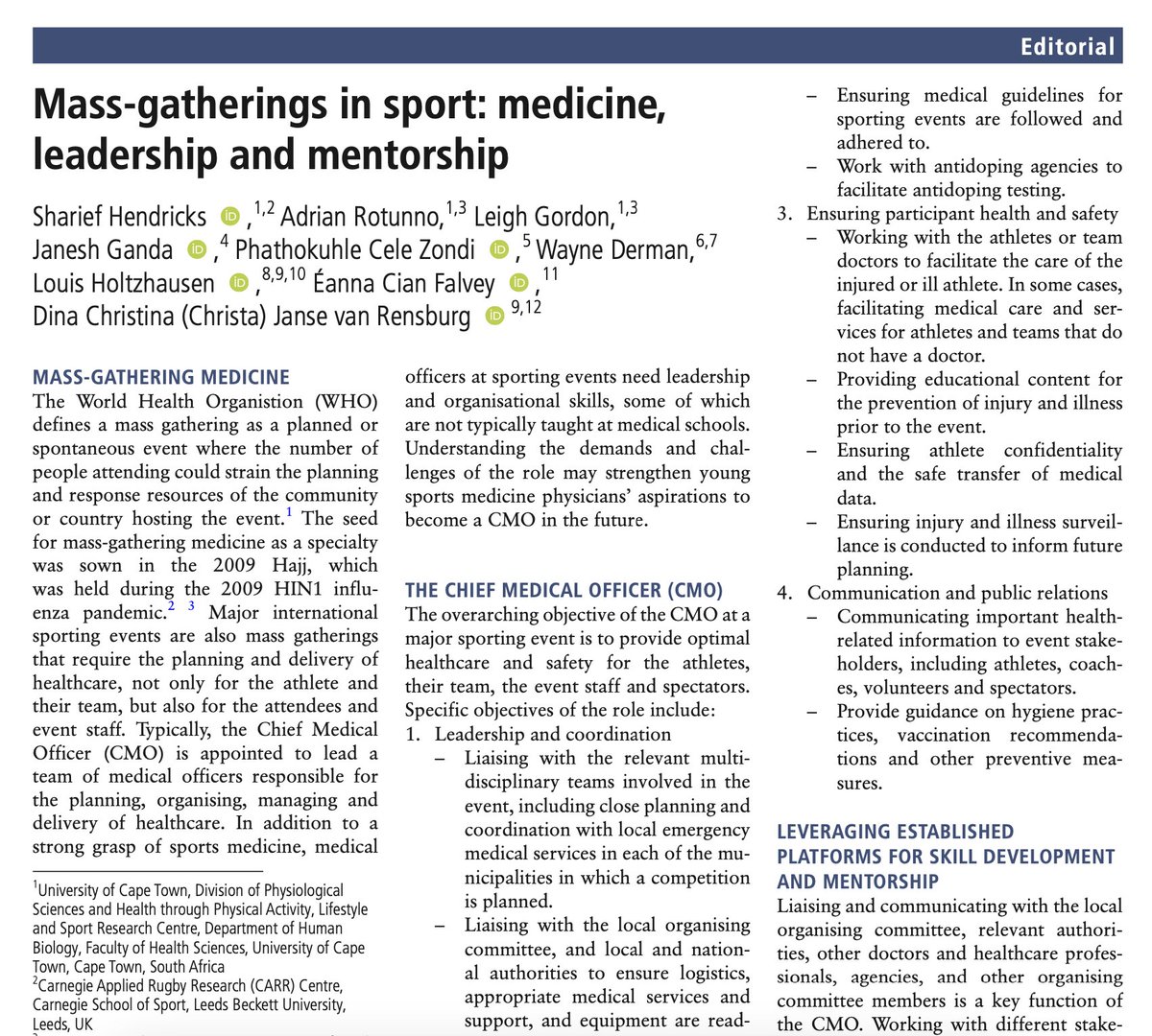 New Editorial: Mass-gatherings in sport: medicine, leadership and mentorship in @SASMA_ZA @BJSM_BMJ 🇿🇦💪🏾bjsm.bmj.com/content/early/…
