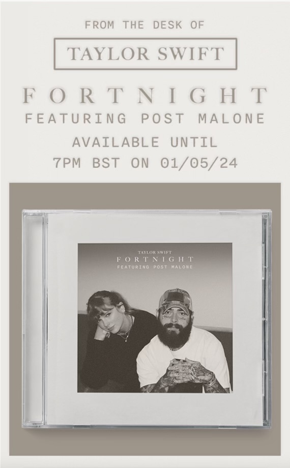 5 HOURS LEFT to shop Fortnight (feat. @PostMalone) CD single in the UK and Ireland! 🇬🇧🇮🇪🤍 taylorswift.lnk.to/JaVOFDFB