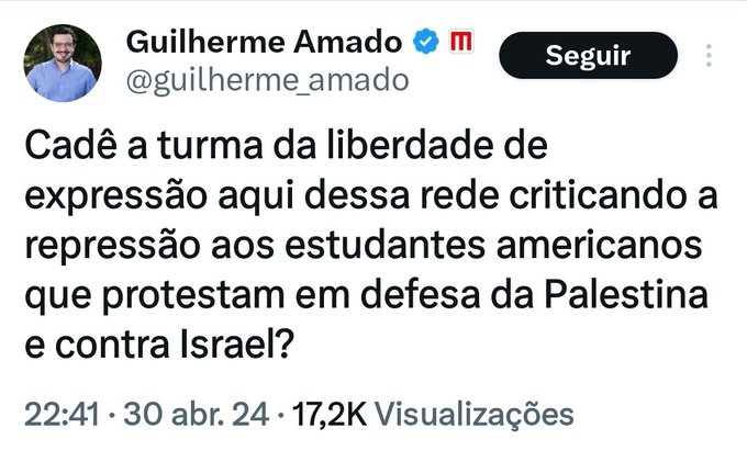 Ou seja, essa besta do Guilherme Amado é só mais um antissemita que usa o escudo da liberdade de expressão para mostrar seu ódio contra Israel.