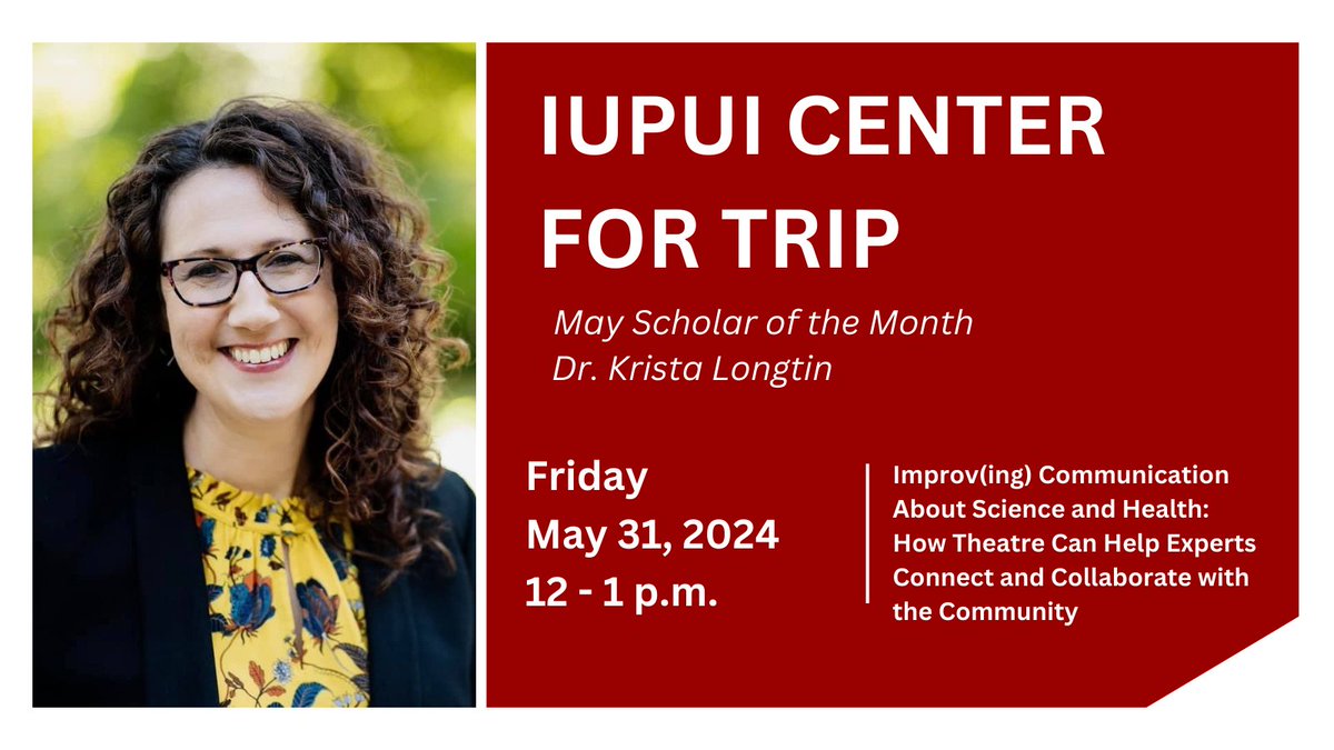 IUI Center for Translating Research into Practice (@centerfortrip) on Twitter photo Dr. Krista Longtin will share how she uses improvisational theatre techniques to help physicians and scientists to learn to embody empathy, foster deeper connections with patients, colleagues, and stakeholders. <a href="/IUMedSchool/">IU School of Medicine</a> <a href="/IUSMDeptMed/">IU School of Medicine Department of Medicine</a>
Register:
trip.iupui.edu/Events Dr. Krista Longtin will share how she uses improvisational theatre techniques to help physicians and scientists to learn to embody empathy, foster deeper connections with patients, colleagues, and stakeholders. <a href="/IUMedSchool/">IU School of Medicine</a> <a href="/IUSMDeptMed/">IU School of Medicine Department of Medicine</a>
Register:
trip.iupui.edu/Events