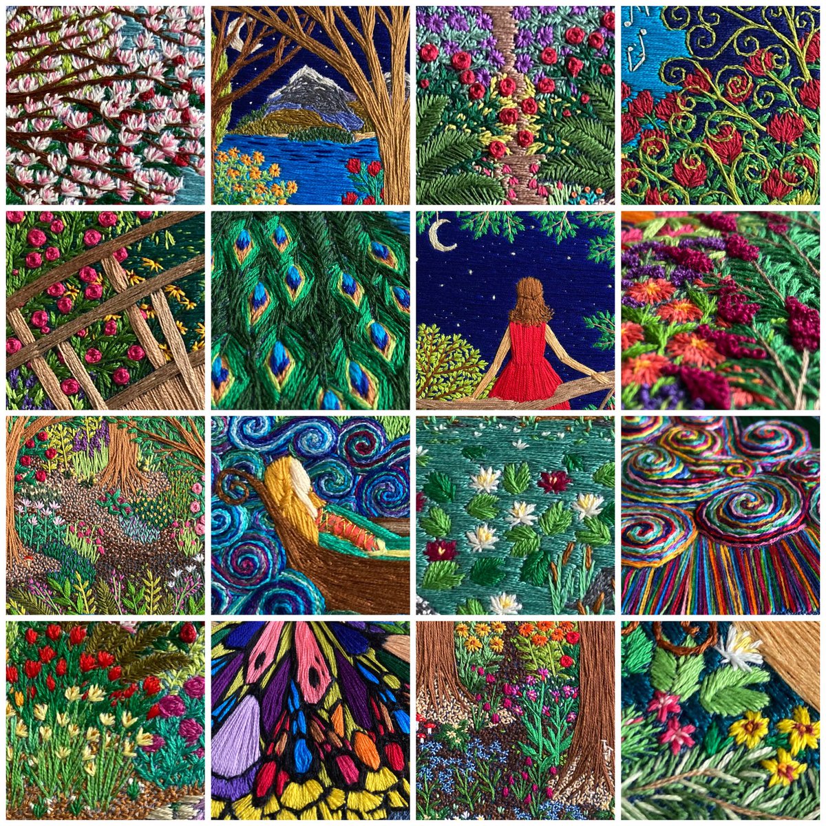 A collage for you today, details taken from a variety of my embroideries. Hope it colours up your timeline… 🧵🪡🌿🌺 #stitchedart #thesewingsongbird