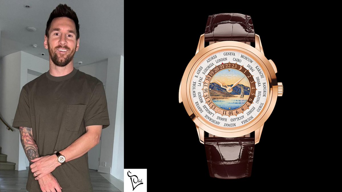 Argentine footballer #Messi𓃵 wears a #PatekPhilippe Grand Complication World Time Minute Repeater Ref.5531R-012 in 18K rose gold.The dial center in cloisonné enamel depicts the #Lavaux vineyards on the shores of Lake Geneva. Retail Price:$580,500 Market Price:$2M