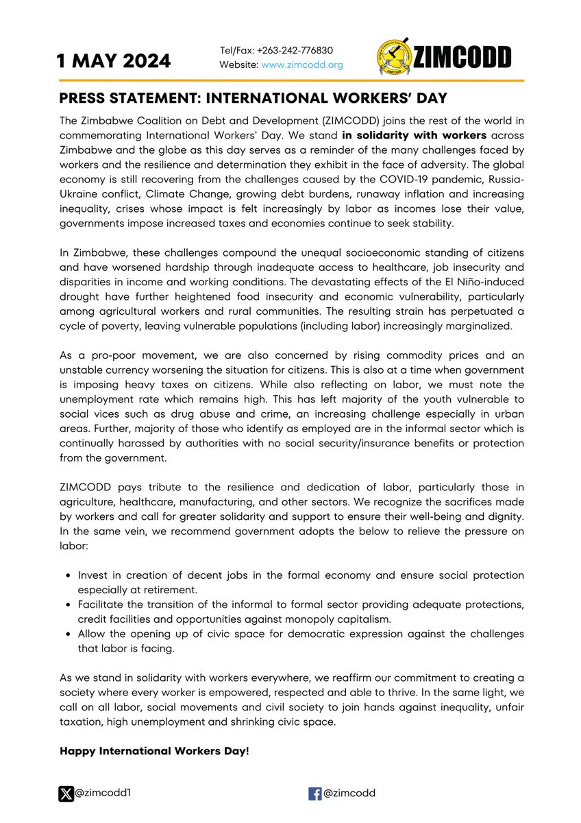 Happy International Workers' Day! Today, we stand in solidarity with workers across the country who continue to face hardship due to unequal incomes, harsh tax regimes, social inequality and shrinking civic space. Full statement: zimcodd.org/wp-content/upl… #FeminimicsZw #TakeAction