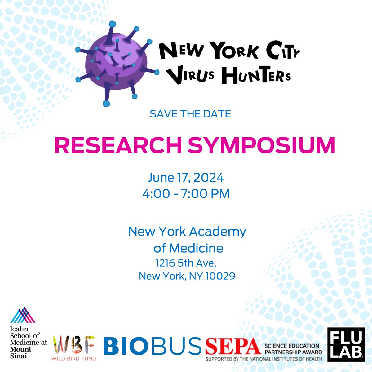 I am happy to announce our annual New York City Virus Hunters Research Symposium. Join us if you want to learn about our community science program that looks for viruses in birds in New York City. Our students will present our newest data. redcap.mountsinai.org/redcap/surveys…