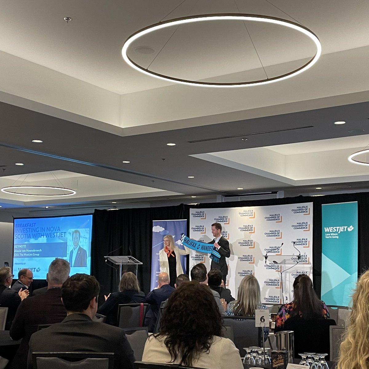 We're at the @halifaxchamber B'fast with @HIAACEO Joyce Carter & @WestJet Group CEO Alexis von Hoensbroech on how to 'sell Halifax in securing large events' with greater air service. Awesome to see how all our partners contribute to a stronger events industry!