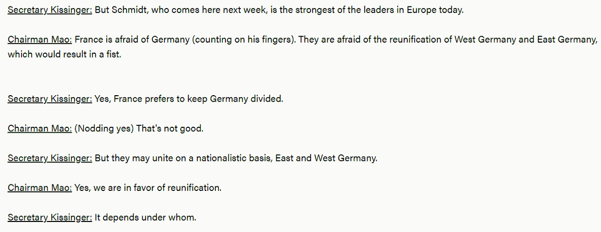 Zum Tag der Arbeit ein wenig amüsante Abwechslung.

Mao Zedong und Henry Kissinger sprechen über eine mögliche deutsche Wiedervereinigung:
