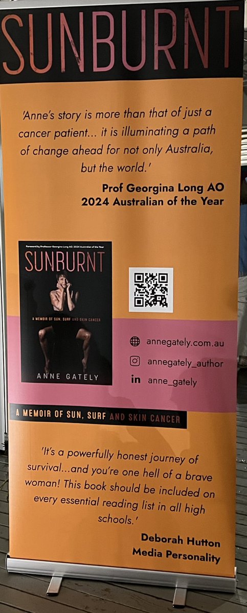 So excited - Anne Gately’s book #sunburnt launched tonight. Her journey with #melanoma Australia’s #cancer, changing the Aussie #tanning culture, #sunsafe in sports, advertising standards. Proud to have shared in her journey @MelanomaAus, & see her make a difference to many.