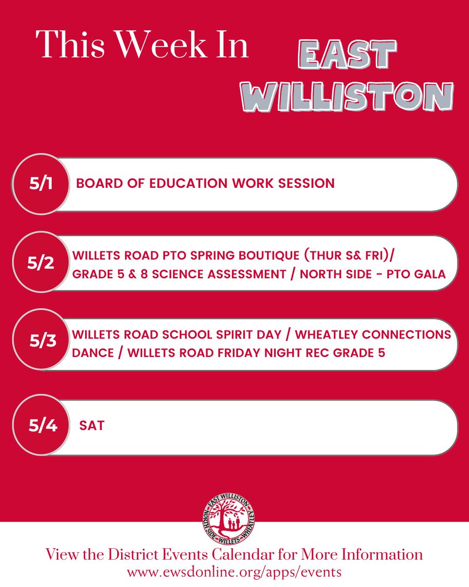 Welcome back, East Williston! Check the district website for details and more information: ewsdonline.org/apps/events @wheatleyschool @WilletsRoadMS @NorthSideEW @WheatleySports #ewlearns