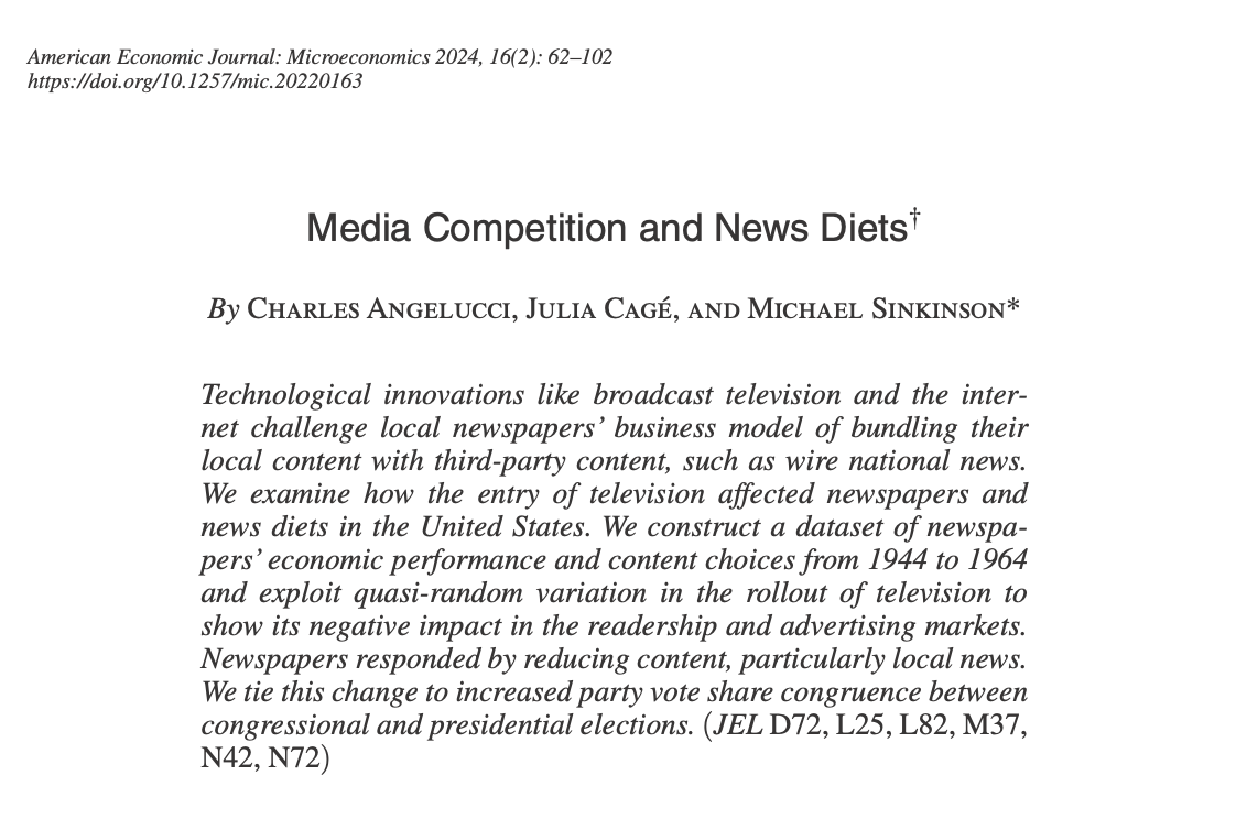 How did the entry of television affect newspapers and news diets in the United States? NEW in @AEAjournals Micro, by @Angelucci_Ch, @CageJulia, & @MSinkinson: economics.yale.edu/research/media…