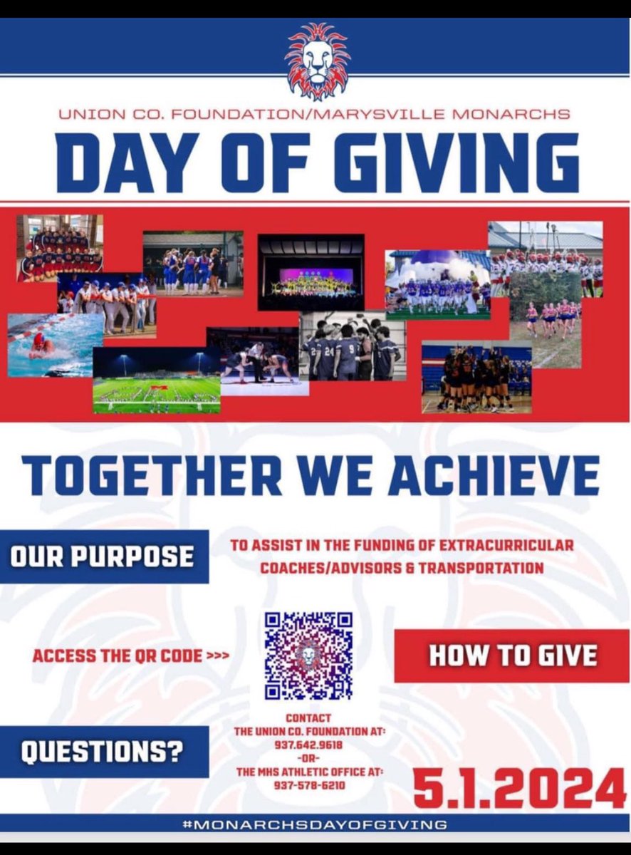 Today is THE DAY! 🔴🦁🔵 Thank you to everyone who is willing and able to support our student athletes at Marysville. Every dollar counts! Link to donate ⬇️ unioncountyfoundation.org/mhs-athletics/