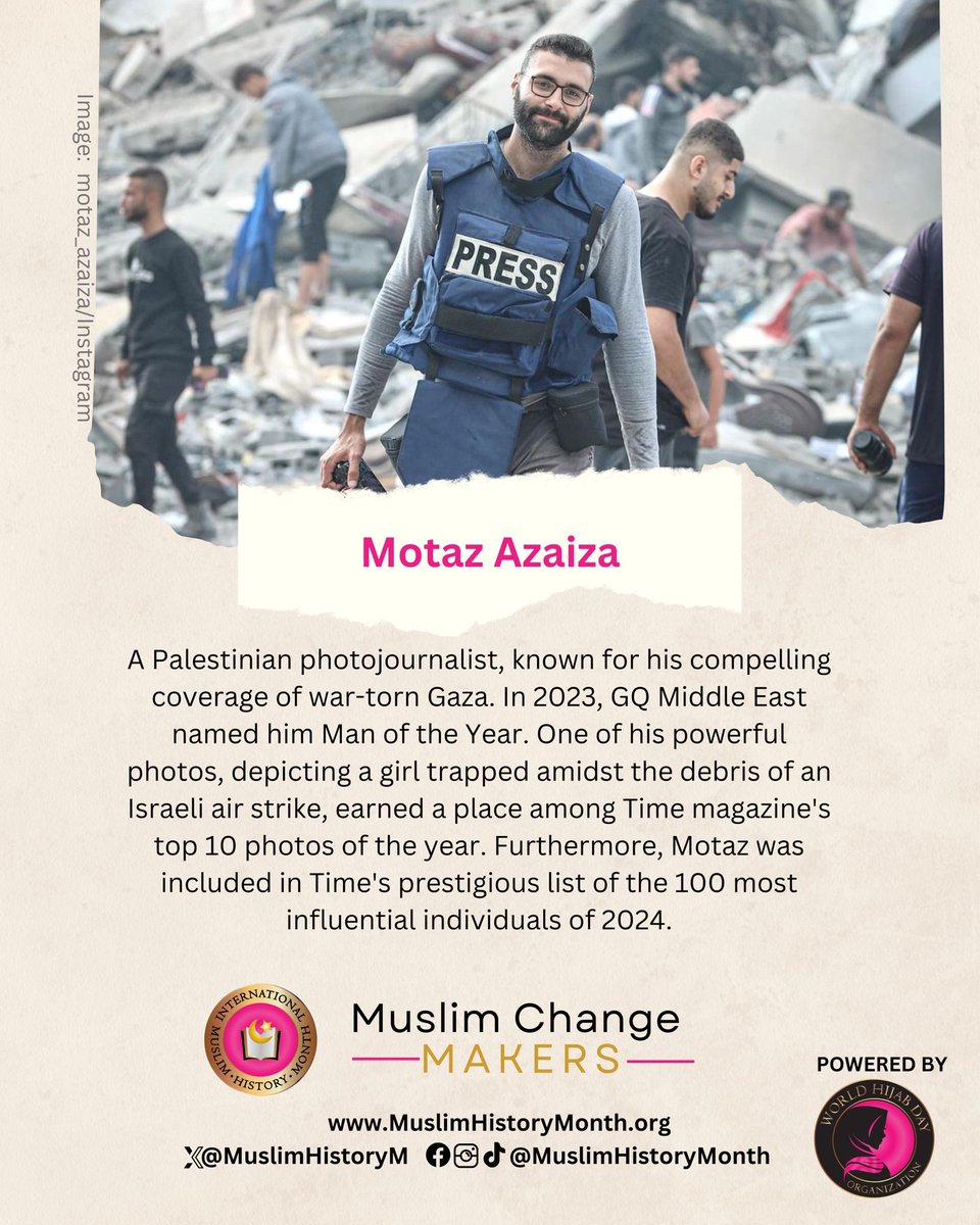Meet Motaz (@azaizamotaz9), the Palestinian photojournalist redefining courage and storytelling in Gaza. We are proud to honor him as we kick off International #MuslimHistoryMonth this May.

#MuslimLegacies
